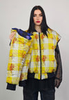 Tattoo print varsity jacket blue tartan reversible bomber