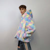 Hooded faux fur unicorn jacket rainbow bomber pastel raver coat fluffy tie-dye fleece festival puffer burning man barbie overcoat pink blue