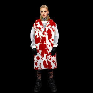 Cow print faux fur long coat hooded spot print trench rave bomber detachable fleece festival removable sleeves burning man jacket red white