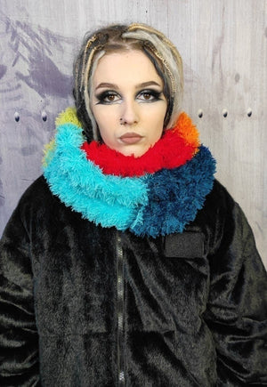 Handmade fluffy shawl scarf in rainbow colour circle snood