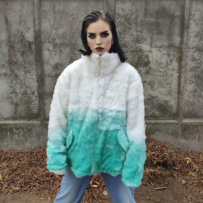 Gradient faux fur jacket tie-dye fluffy bomber festival varsity jacket raised neck fleece coat high fashion Autumn Winter coat white green