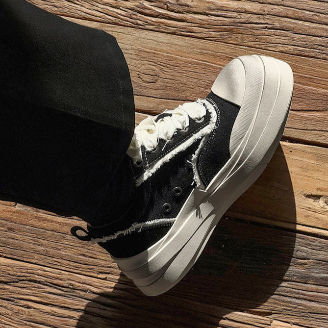 Platform distressed denim sneakers black round toe chunky skater shoes grunge jean trainers