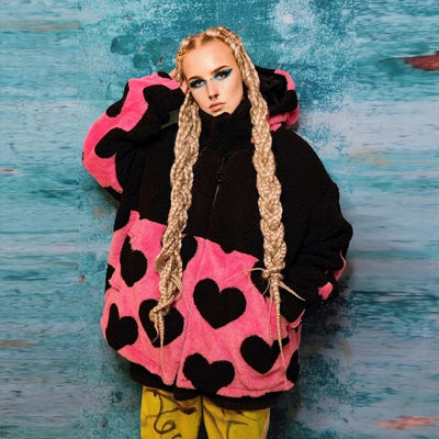 Heart fleece hood jacket handmade fluffy emoji bomber black