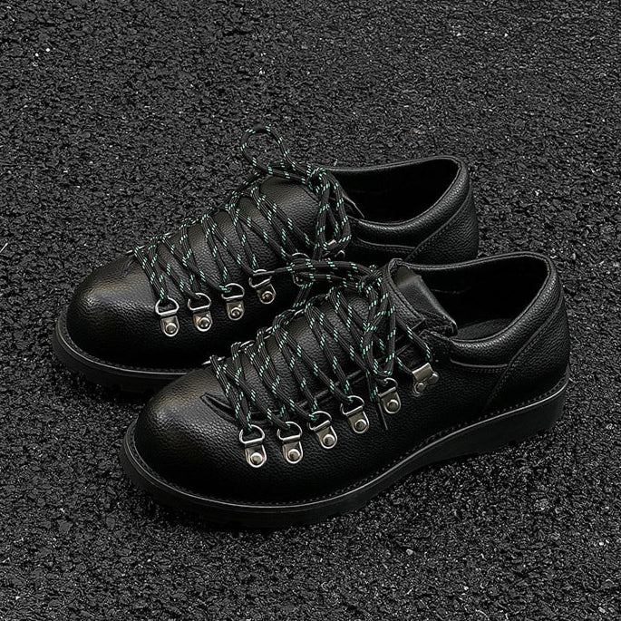 Hiking style shoes black faux leather flat sole round toe grunge boat sneakers retro casual mountain trainers