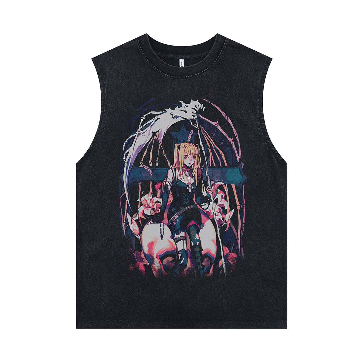 Anime girl sleeveless t-shirt Japanese poster surfer vest 00s Manga cartoon tank top in acid wash black