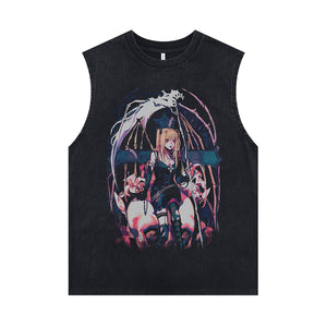 Anime girl sleeveless t-shirt Japanese poster surfer vest 00s Manga cartoon tank top in acid wash black