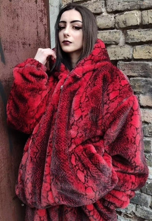 Python fleece Bomber detachable faux fur jacket in red snake