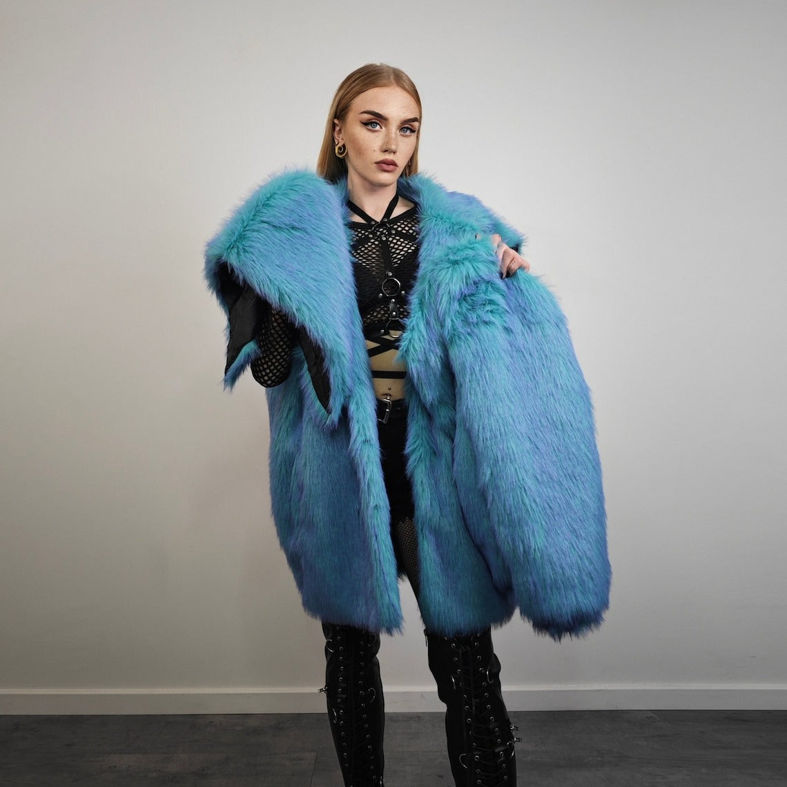 Neon blue fur coat luxury trench fluorescent psychedelic overcoat shaggy rave bomber festival luminous party jacket custom catwalk peacoat