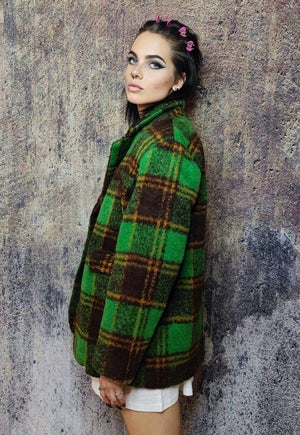 Plaid fleece blazer woollen check jacket retro bomber green