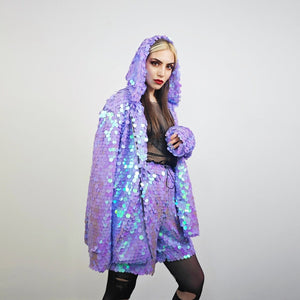 Pink sequin jacket hooded mermaid bomber holographic pullover luminous festival coat rave top fairy overcoat carnival sweatshirt