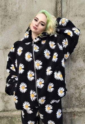 Daisy print fleece jacket handmade sunflower bomber in black