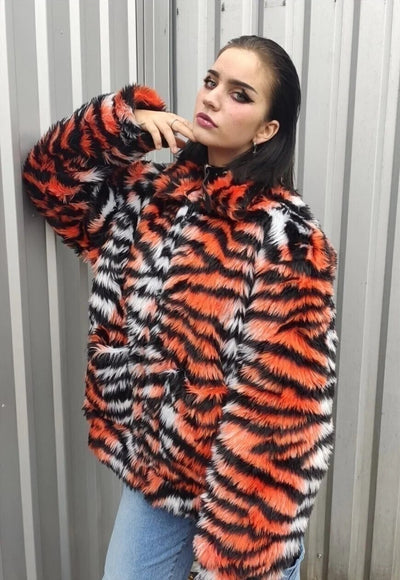 Faux fur tiger jacket zebra fleece tie-dye bomber in orange