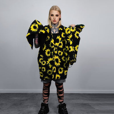 Sunflower fleece coat daisy trench floral pattern overcoat detachable sleeves rave bomber festival party jacket custom peacoat yellow black