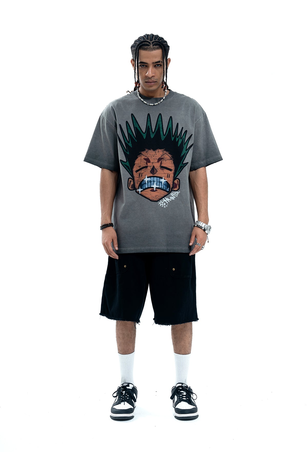 Angry boy t-shirt hunter cartoon tee retro anime top in grey