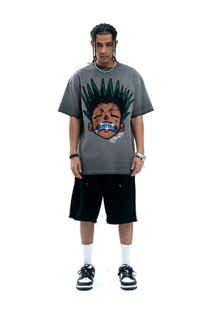 Angry boy t-shirt hunter cartoon tee retro anime top in grey