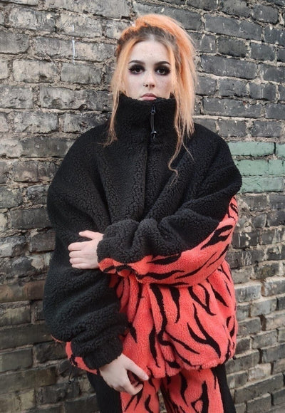 Grunge fleece bomber handmade warm zebra jacket in orange