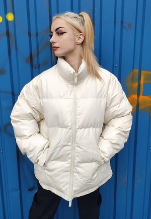 PU leather quilted bomber rubber padded puffer jacket cream