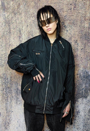 Gorpcore bomber utility jacket cargo pocket varsity in black