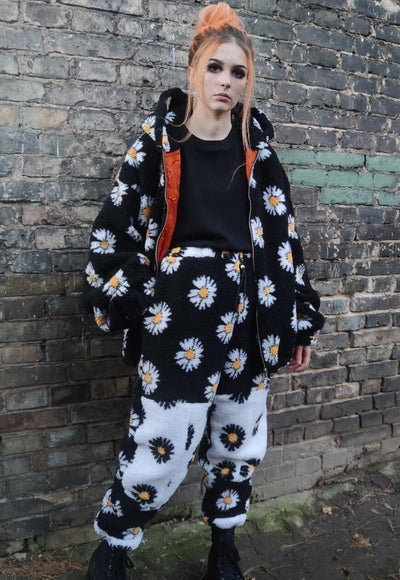 Daisy print fleece jacket custom made sunflower bomber black