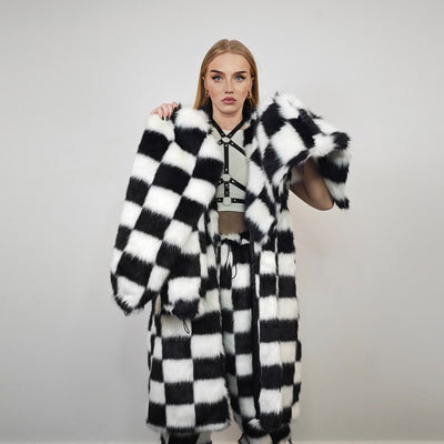 SKA check fur coat plaid long trench chequered gothic overcoat chess pattern bomber festival geometric jacket customizable geometric peacoat