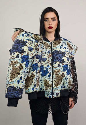 Leopard varsity jacket blue animal print reversible bomber