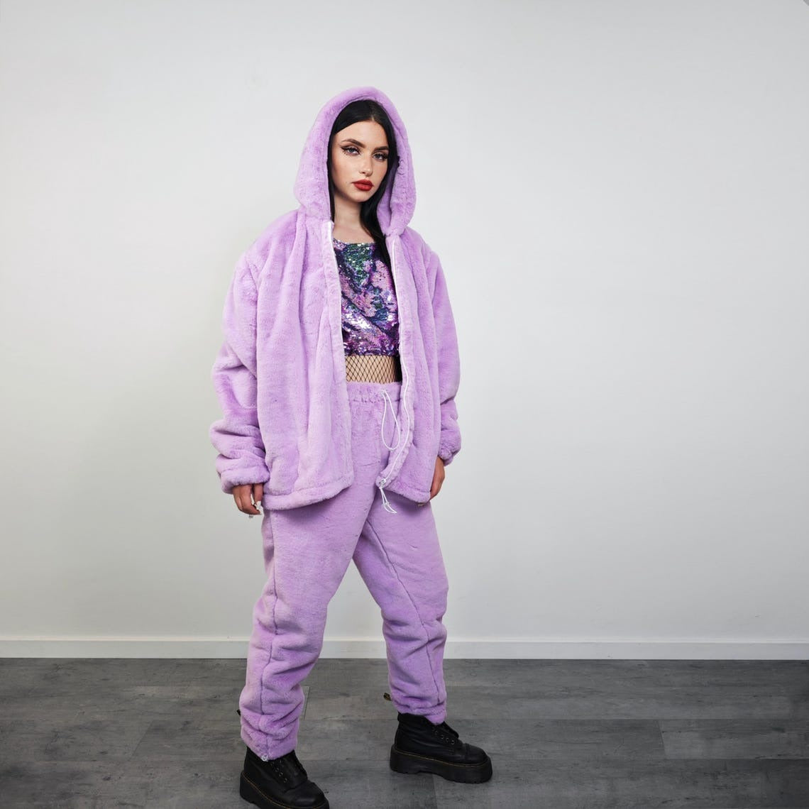 Faux fur hooded coat lilac soft fleece hoodie luxury fluffy jacket detachable sleeves handmade solid color party overcoat fuzzy festival set