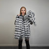 Shaggy faux fur jacket black white detachable hood striped collarless coat zebra bomber rave fleece festival pullover burning man overcoat