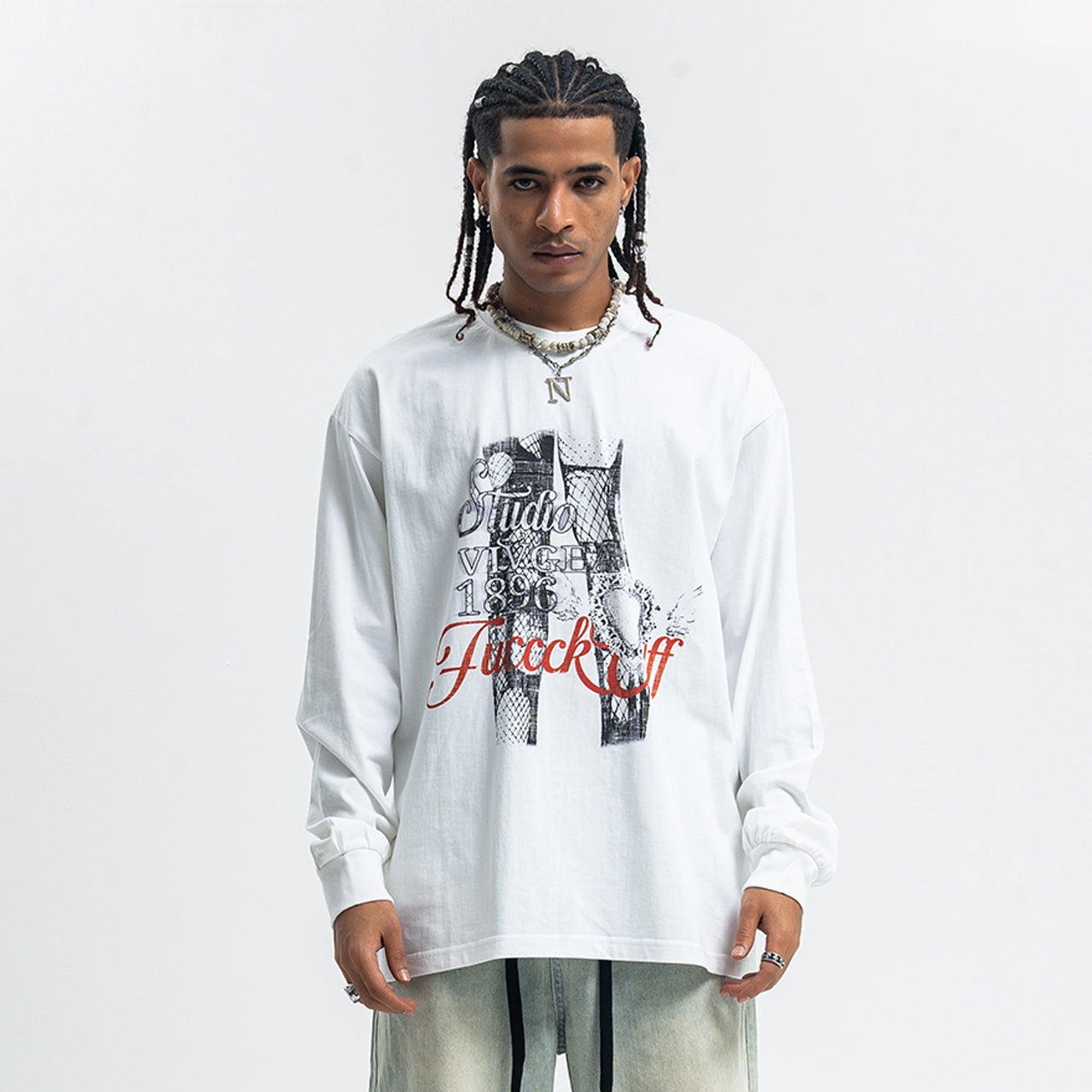 Fuck off slogan jumper pinup girl print top long sleeve retro grunge t-shirt in white