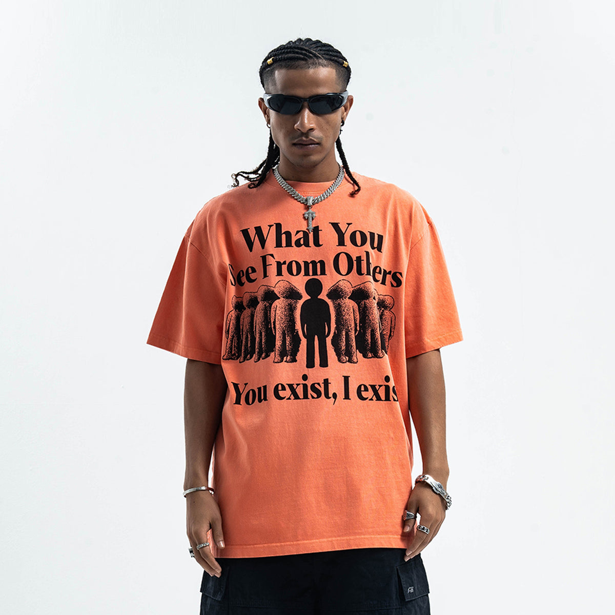 Psychedelic slogan t-shirt retro slogan top human print tee in orange