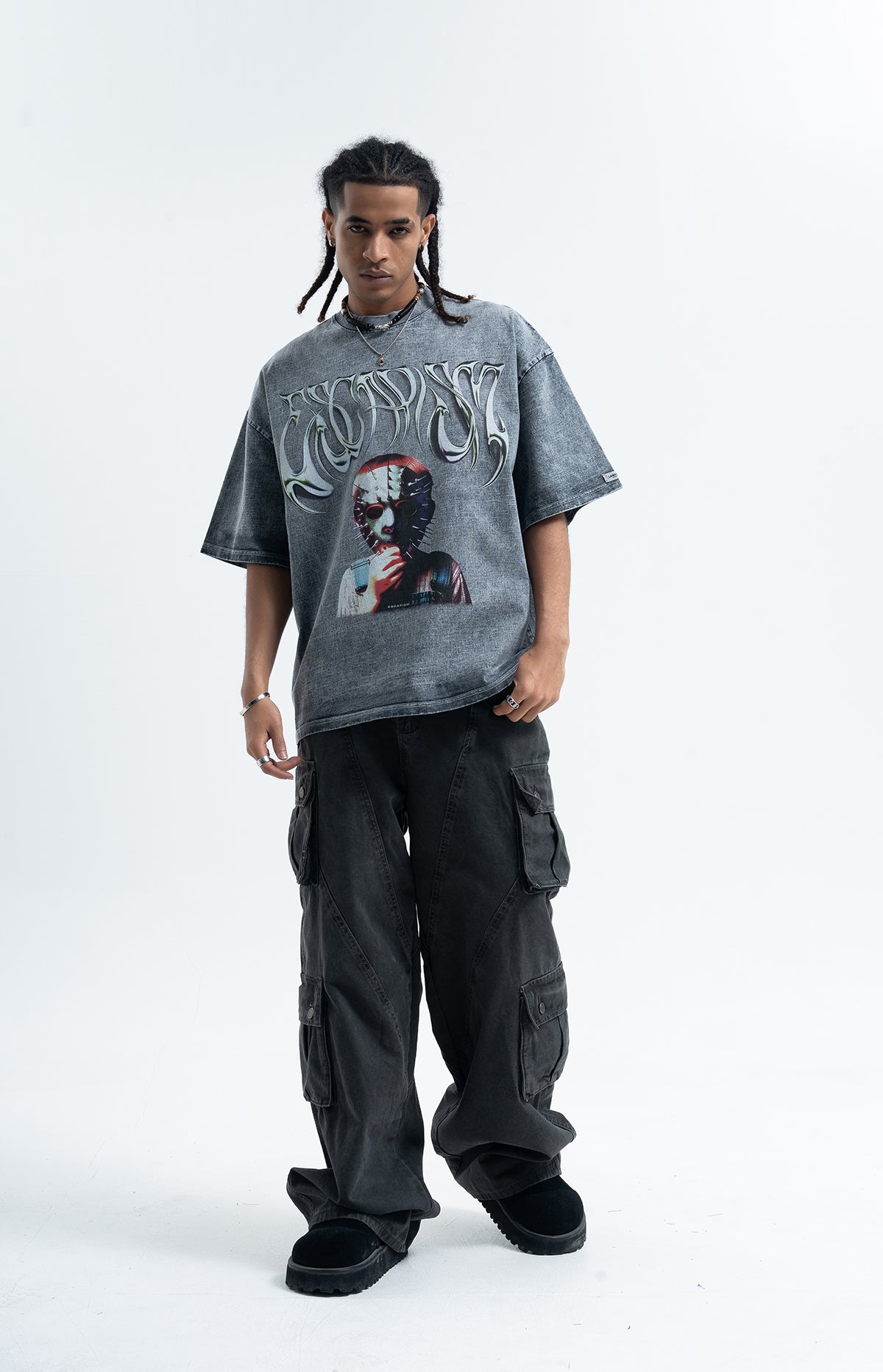 Creepy mask t-shirt scary movie top horror tee retro jumper in grey