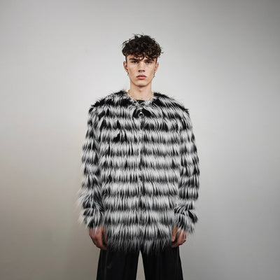 Shaggy faux fur jacket black white detachable hood striped collarless coat zebra bomber rave fleece festival pullover burning man overcoat