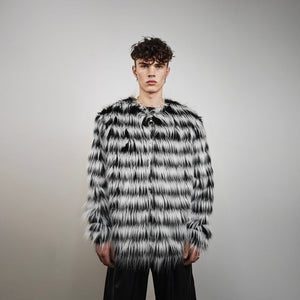 Shaggy faux fur jacket black white detachable hood striped collarless coat zebra bomber rave fleece festival pullover burning man overcoat