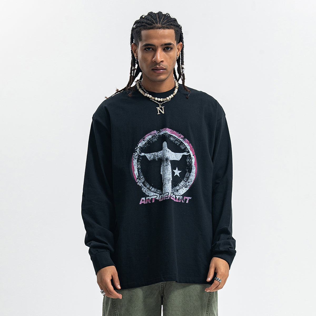 Saint print long sleeve top neon graffiti jumper grunge religion t-shirt in white