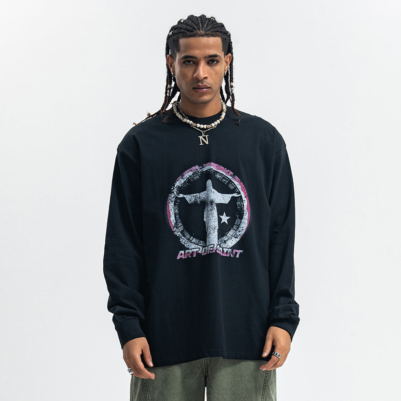 Saint print long sleeve top neon graffiti jumper grunge religion t-shirt in black