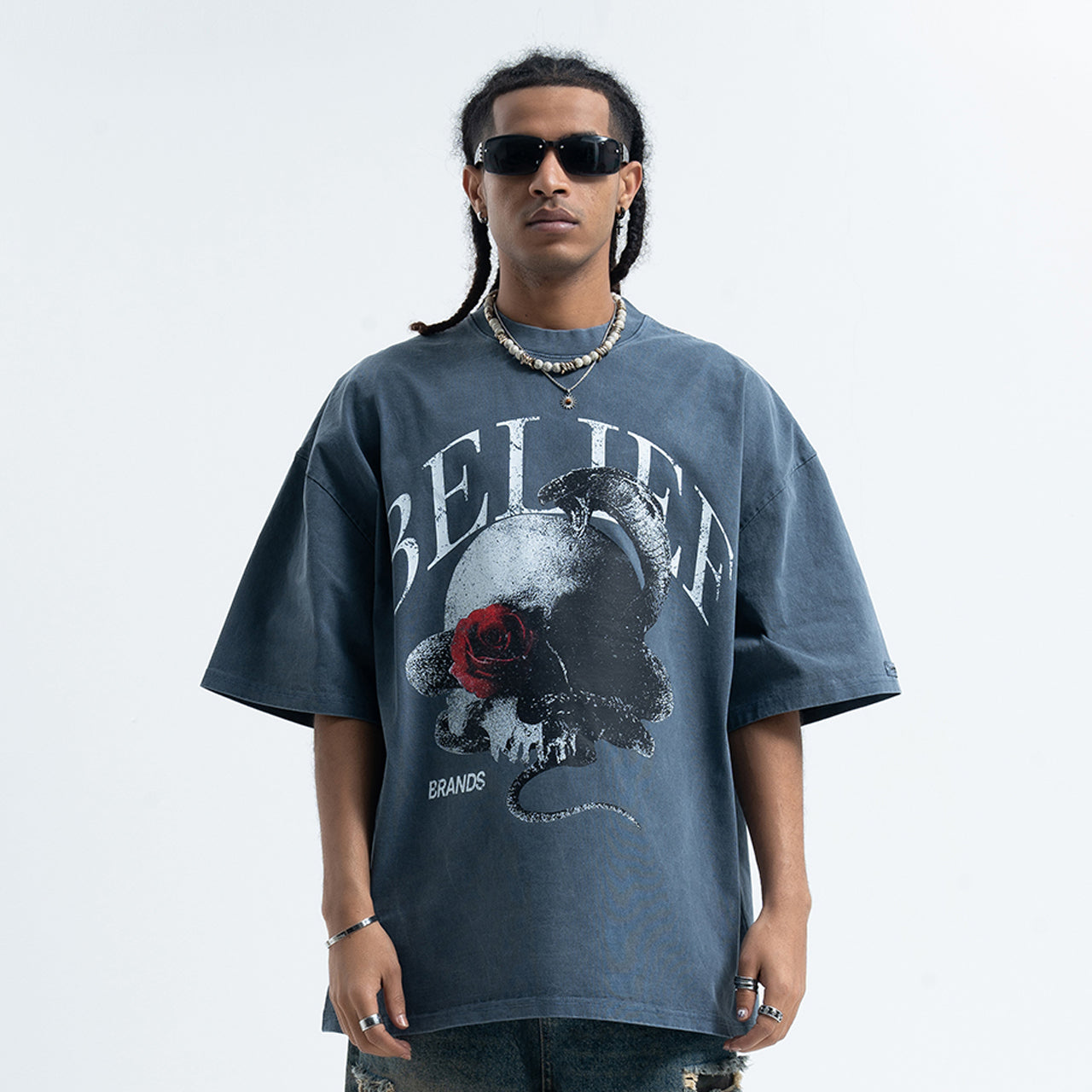 Snake print t-shirt skeleton bones top gothic tee in blue