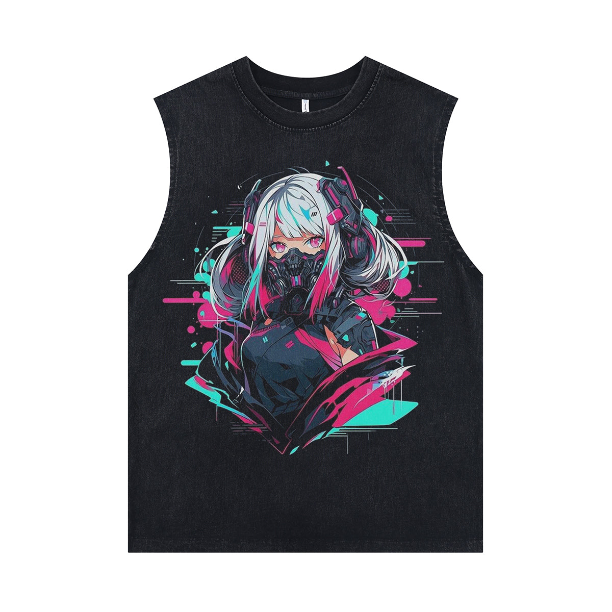Anime cartoon sleeveless t-shirt Japanese girl poster surfer vest 00s Manga tank top in acid wash black