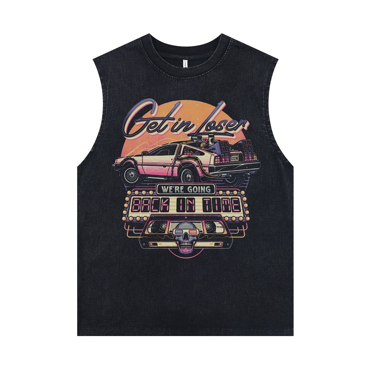 70s car print sleeveless t-shirt motorsports surfer vest retro racing cartoon tank top in acid wash black