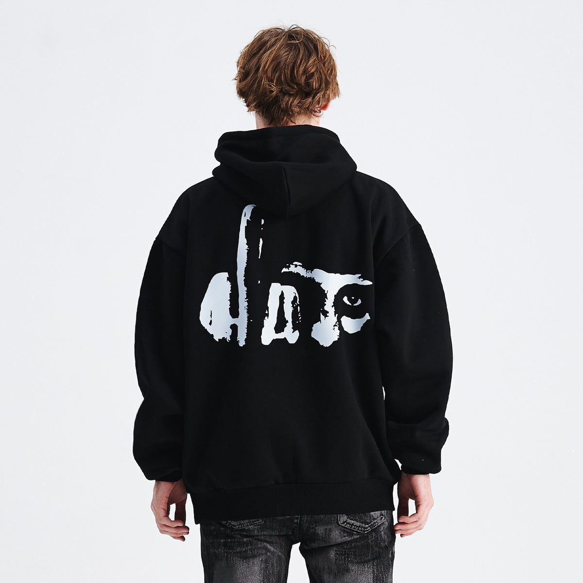 Middle finger print hoodie retro gunge jumper hip-hop pullover balaclava top in black