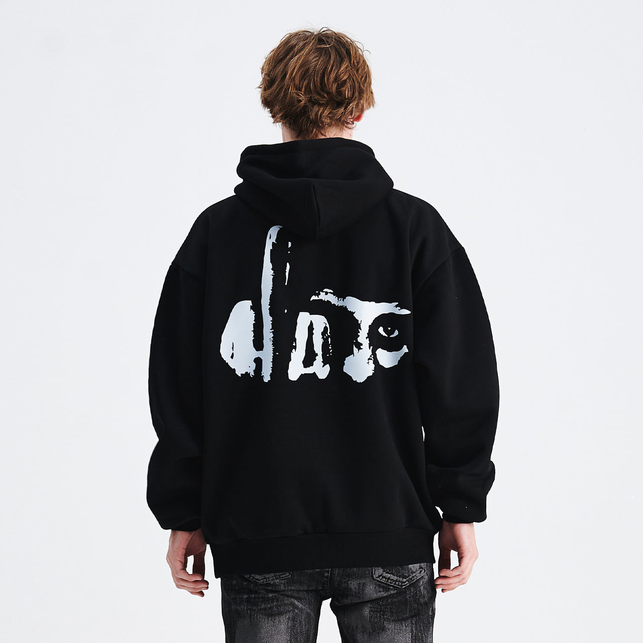 Middle finger print hoodie retro gunge jumper hip-hop pullover balaclava top in black