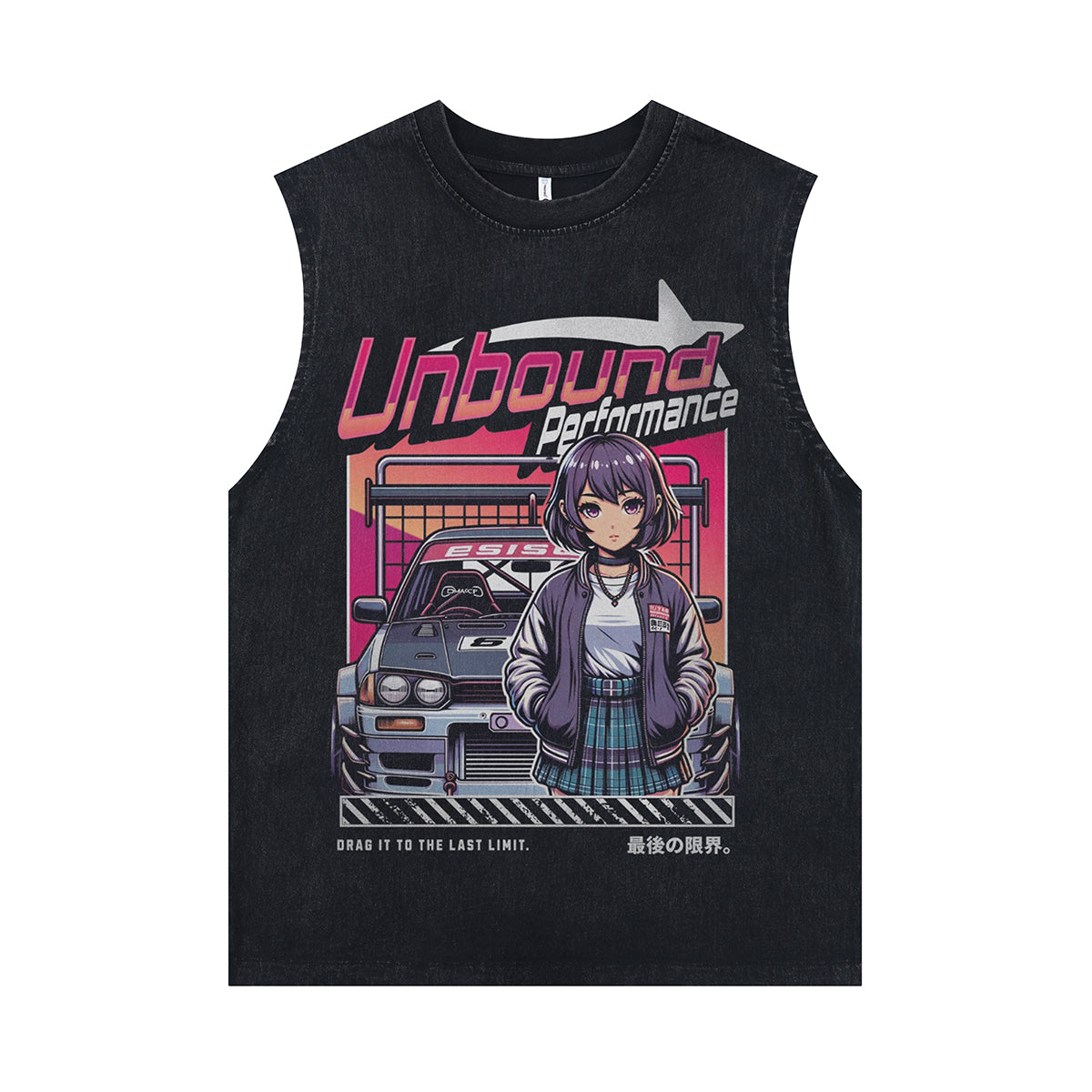 Japanese cartoon sleeveless t-shirt retro anime surfer vest racing car tank top in acid wash black