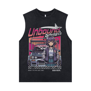 Japanese cartoon sleeveless t-shirt retro anime surfer vest racing car tank top in acid wash black
