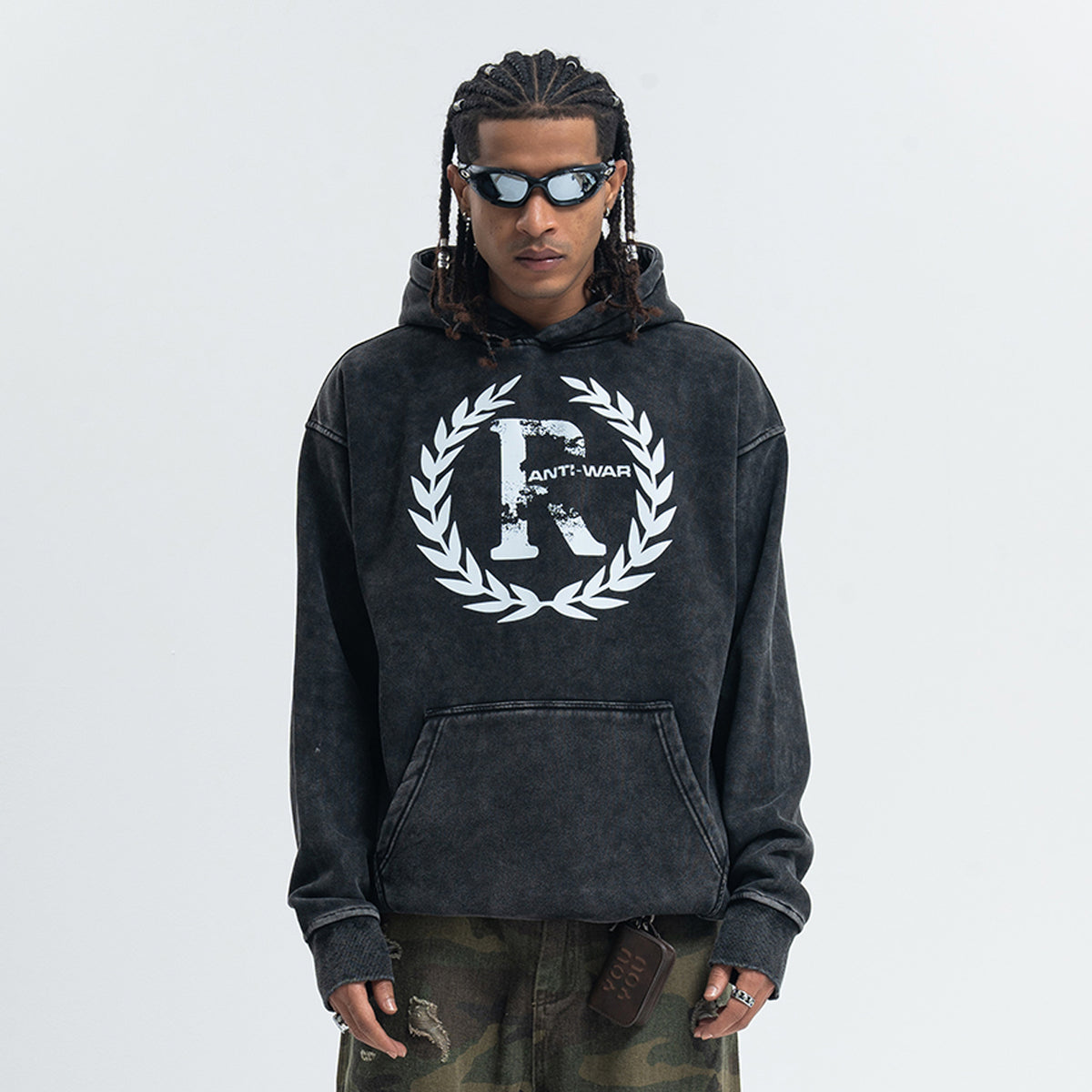 Peace slogan hoodie vintage wash no war hoodie grunge jumper in acid grey