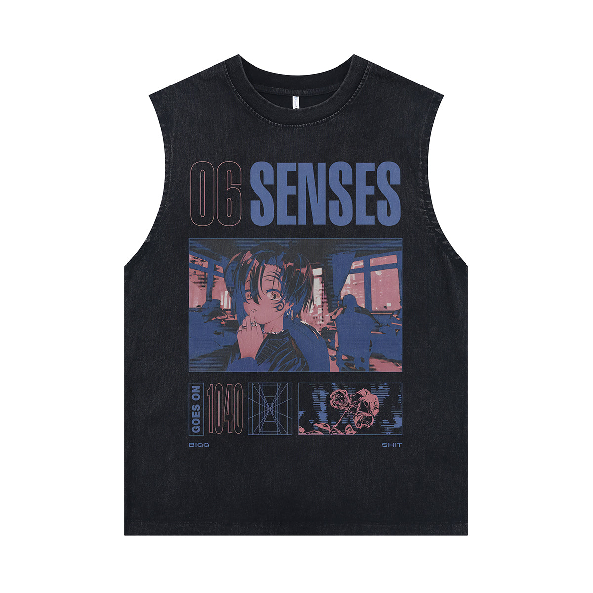 06 senses vintage sleeveless t-shirt old anime surfer vest retro cartoon tank top in acid wash black