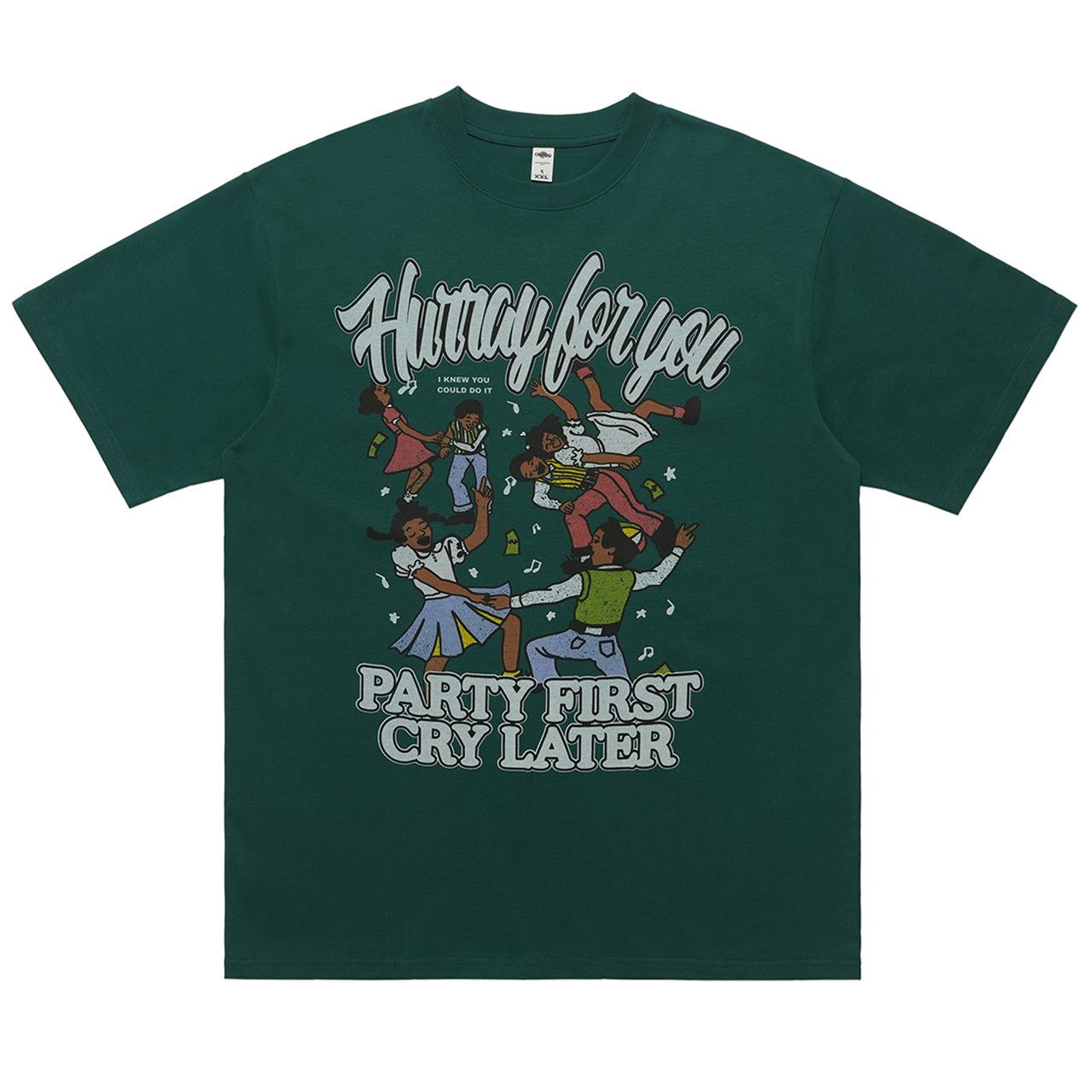 Party slogan t-shirt retro cartoon top 90s tee in green