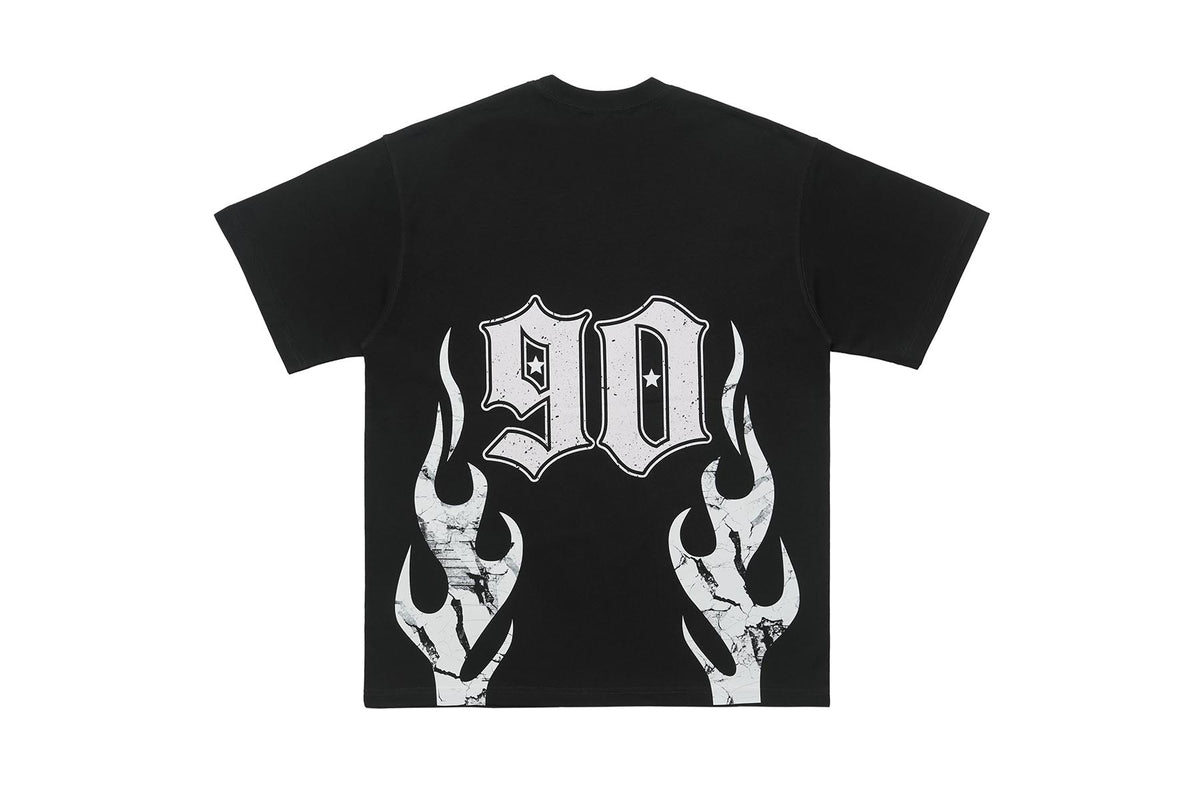 Flame print t-shirt retro cartoon top graffiti tee 90s jumper in black