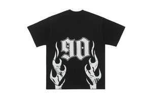 Flame print t-shirt retro cartoon top graffiti tee 90s jumper in black