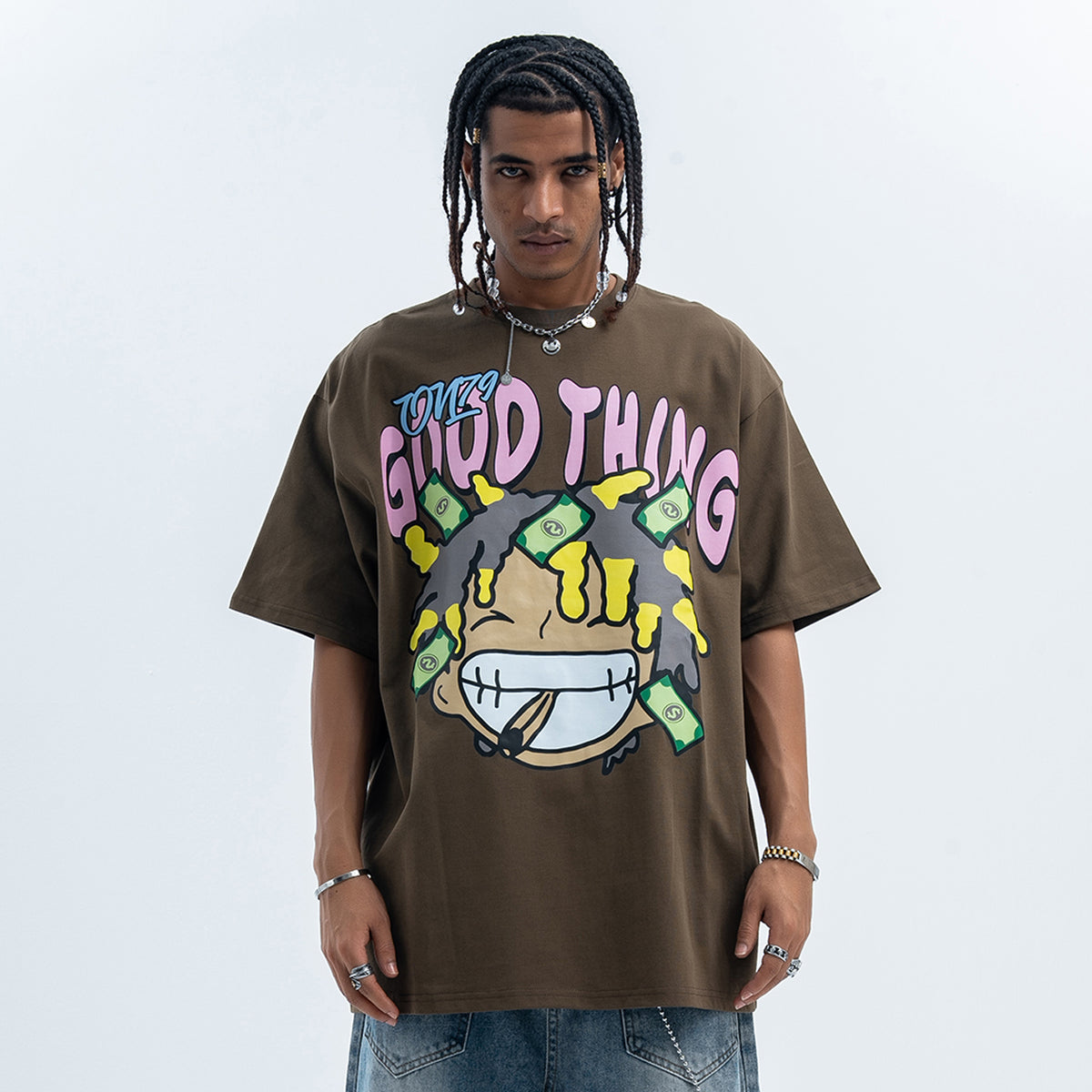 Hip-hop t-shirt rapper top money print tee Brown