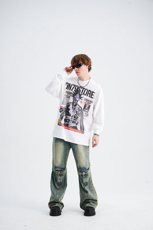 Y2k punk jumper 80s rocker top long sleeve psychedelic raver t-shirt in white