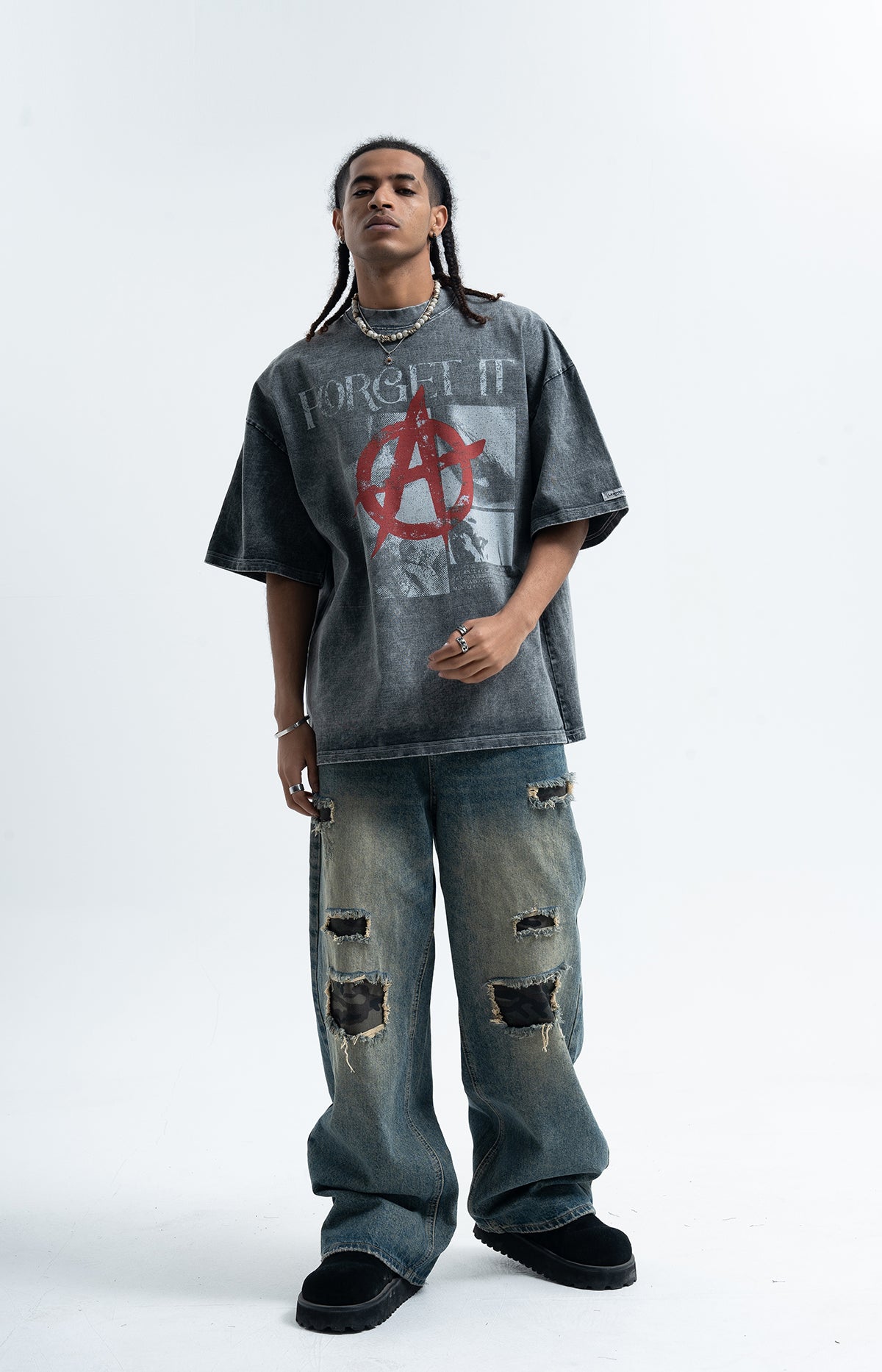 Anarchy t-shirt Punk top pentagram print tee in grey