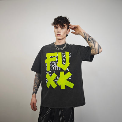 Punk slogan t-shirt vintage wash tee grunge FU top acid grey